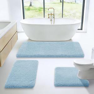 Microfiber Thick Bathroom Rugs Set 3 Piece, Flurry Non Slip Bath Rug, Soft Plush Absorbent Bathroom Mat, Machine Washable Luxury Toilet Rug Set, Bath Mat for Tab, Shower and Bathroom, Light Blue