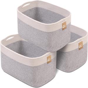 CHAT BLANC Cotton Rope Baskets for Organizing | 15x10x9 Storage Baskets for Shelves | Small Laundry Woven Baskets for Storage, Dog Toy Bin, Baby Basket, Off White& Grey 3 Pack