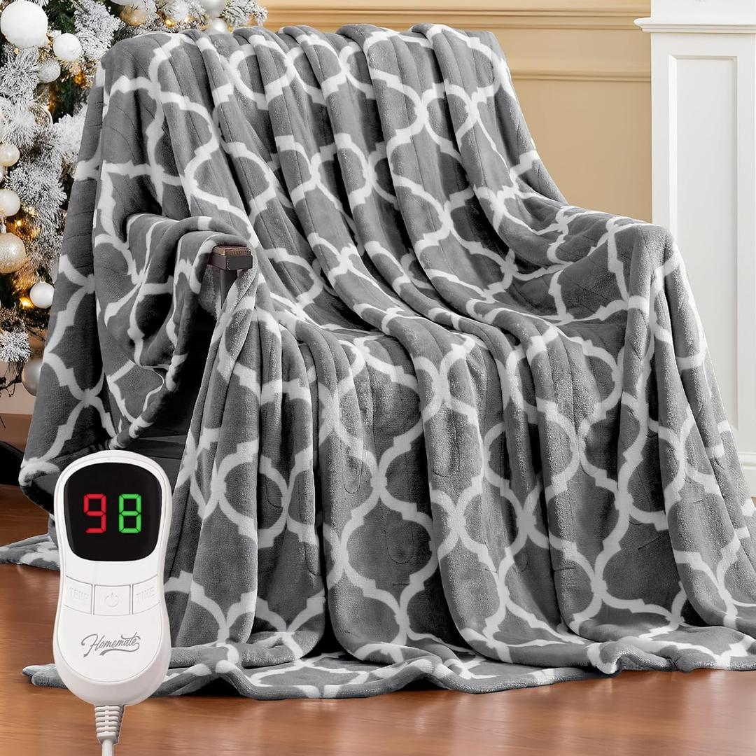 Homemate Heated Blanket Electric Throw - 50x60 Heating Blanket with 10 Fast Heat Levels 8 Hours Auto Off Soft Cozy Flannel Over-Heated Protection ETL Certification Keep Warming in Home (Grey Geometry)