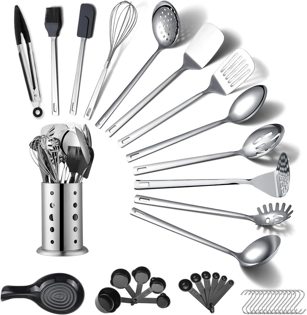 Stainless Steel Kitchen Utensils Set 40 Pieces, Cooking Utensil Set with Utensils Holder, Kitchen Gadgets Kitchen Essentials New Home, House, Appartment Must Have, Metal Spatula Set
