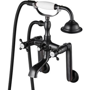 gotonovo Clawfoot Bathtub Faucet Tub Filler with Hand Held Shower Faucet Set Victorian Double Cross Handle 6 Inch Center Adjustable Swing Arms Tub Mount Long Adapter Oil Rubbed Bronze
