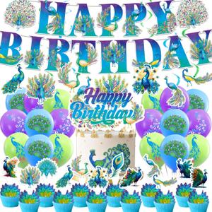 Peacock Party Decorations Colorful Peacock Birthday Party Supplies Includes Banner Cake Topper Cupcake Toppers Hanging Swirls Balloons for Peacock Birthday Party Zoo Bird Theme Party