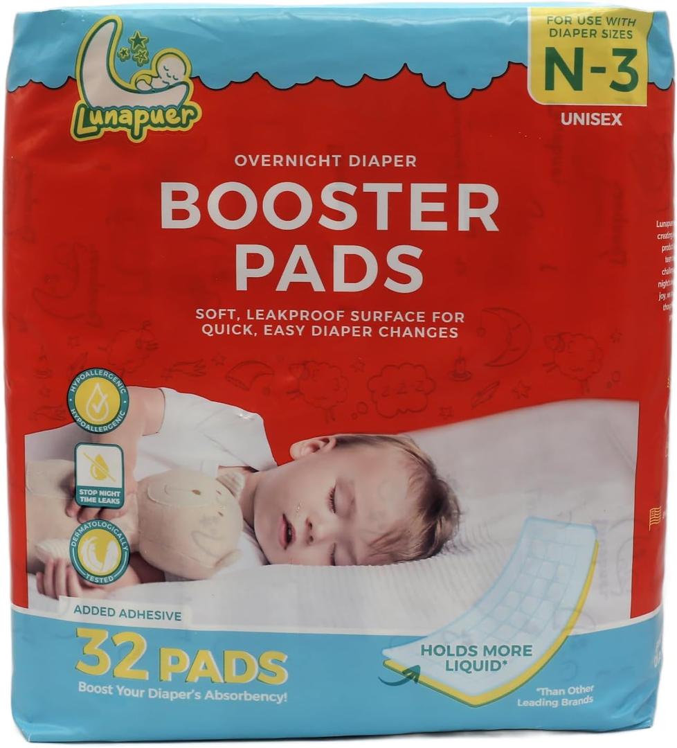 Diaper Booster Pads Overnight, Stop Overnight Leaks, Diaper Inserts with Adhesive for Sensitive Skin  Fits Newborn, Size 1, 2, 3  Diaper Liners for Baby Boys & Girls  32 ct