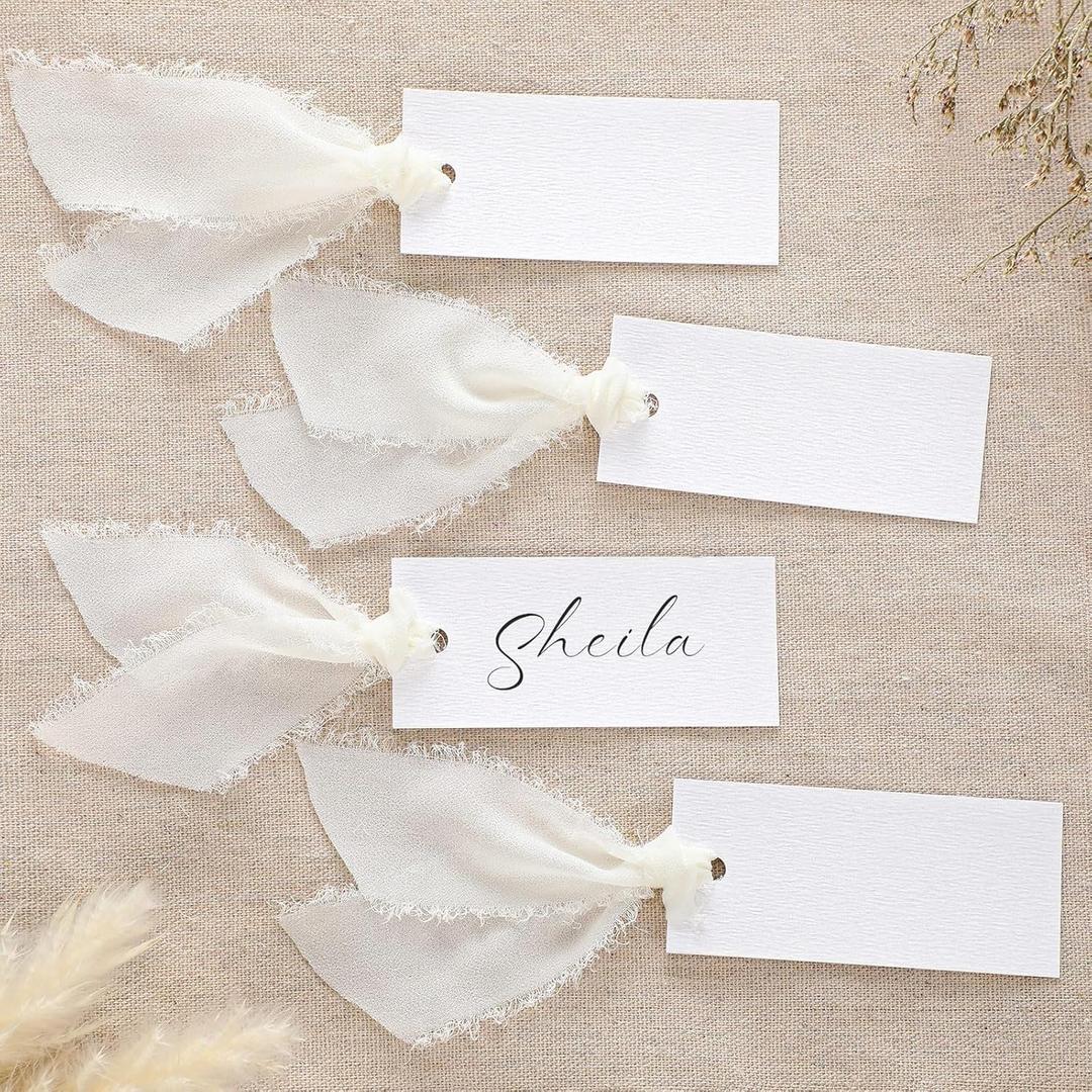 50 Pcs Name Place Cards for Table Setting Blank Wedding Place Cards with Chiffon Ribbon 1.57 x 3.54 Inch Hanging Gift Tags for Wedding Dinner Banquet Party Table Setting Supplies(Ivory)