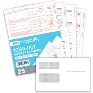 Blue Summit 25 1099 INT Forms 2025 with Envelopes, 1099 Interest Forms 2025, 25 Laser 4 Part Tax Form for Interest Income, Compatible with QuickBooks, Accounting Software, 25 Self Seal Envelopes