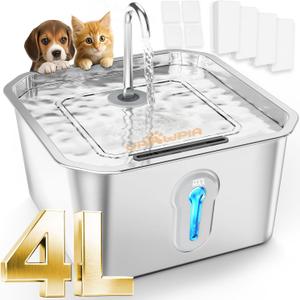 Cat Water Fountain Stainless Steel 135oz/4L with 4 Filters 4 Sponge Pet Water Fountain for Cats Indoor Pets Dog Small Animal Automatic Dog Water Dispenser Quiet