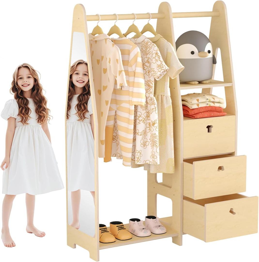 Kids Dress Up Storage with Mirror, Kids Closet Organizers and Storage with 3 Drawers and Stickers,Open Hanging Kids Armoire Closet, Toddler Costume Organizer for Little Girls Boys Room