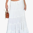 Tsher Women's Casual High Elastic Waist Ruffle Boho Pleated A-line Long Maxi Skirts 0333 M