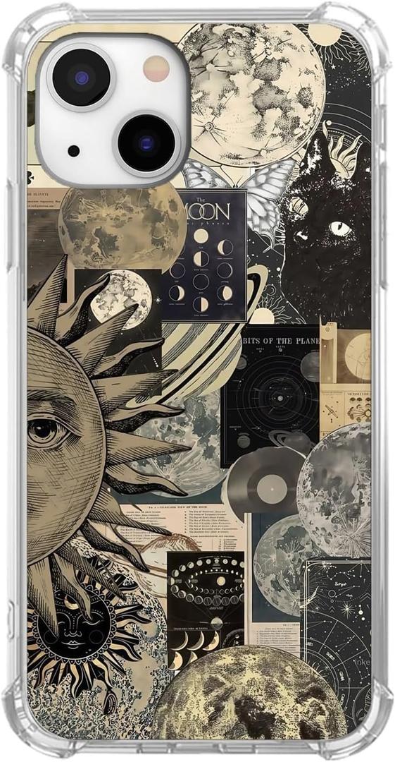 Aesthetic Vintage Grunge Case for iPhone 14, Skull Planets Collage Pattern for Men Women, Trendy Cool Soft TPU Bumper Cover for iPhone 14