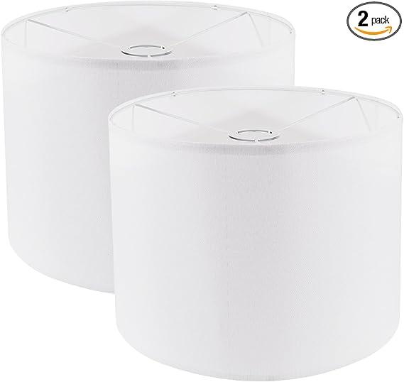 Lamp Shades Set of 2, Drum Lampshade for Table Lamps Floor Lamp, 12" Top X 12" Bottom X 8" High White Large Line Fabric Lamp Shades, Easy Assembly Replacement Lampshades