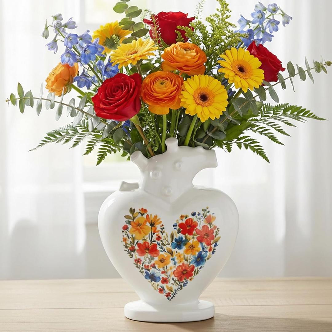 Potiera White Heart Shaped Vases, Ceramic Aesthetic Vase for Table Centerpieces, Modern Decorative Flower Vase for Home Dining Living Room Kitchen Office House Fireplace Bookshelf Coffee Desk Decor