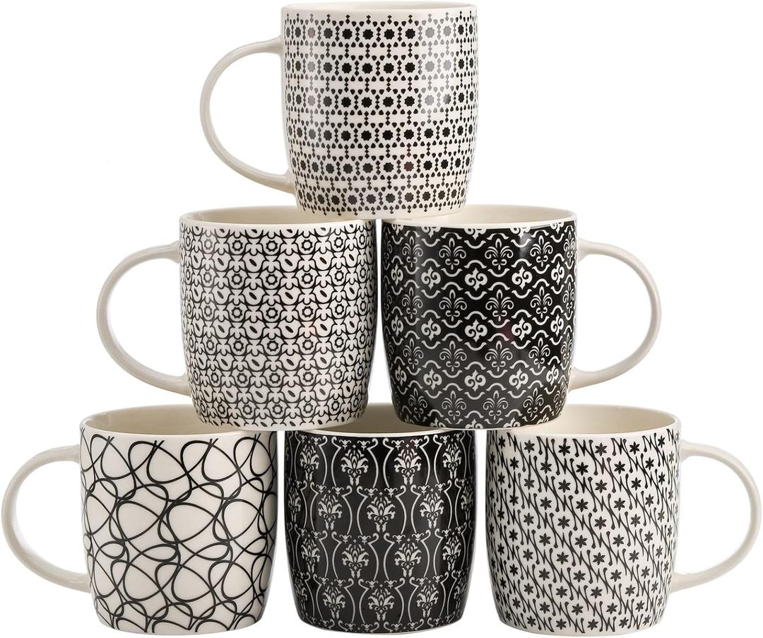 Okllen 6 Pack 11.5 Oz Coffee Mugs Geometric Textured, Ceramic Coffee Mugs Stylish Tea Cup Mugs Set Gift for Latte, Cappuccino, Milk, Water, Cocoa, Cereal, Black and White