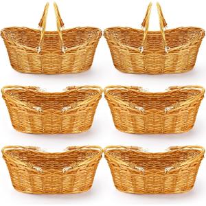 Wesiti 6 Pcs Wicker Picnic Basket with Handle, Hand Woven Harvest Basket Bulk, Wicker Flower Hoppet for Storage, Picnics, Easter, Organizing, Egg Gathering, Candy, Wedding(Light Brown)