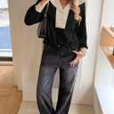 Fisoew Womens Cropped Oversized Sweatshirt Casual Lapel V Neck Long Sleeve Contrast Drawstring Loose Fit Fall Pullover Tops (Large, Black)