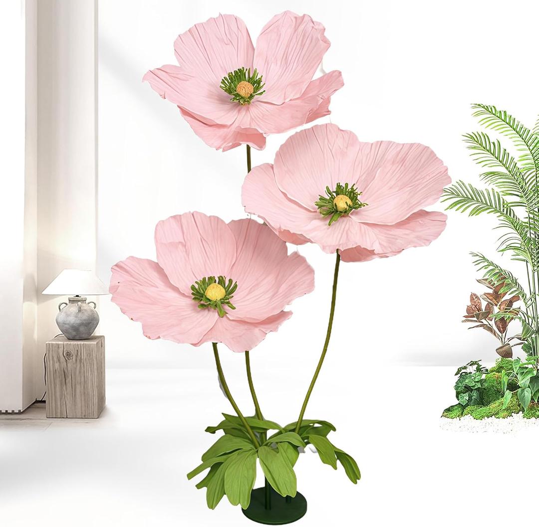 Artificial Flowers Decorations 5.58ft Fake Paper Poppy Flower for Standing Reception Wedding Arrangements Mother's Day Party Banquet Background Decor (Pink)