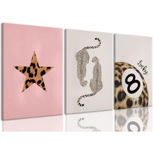3Pcs Cheetah Wall Art Animal Leopard Canvas Prints Framed Funky Pink Pictures Lucky 8 Ball Posters Decor Paintings Aesthetic Y2k for Girly Bedroom Apartment Dorm Bathroom Living Room (16"x24")