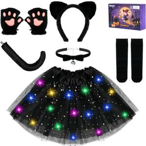 Rolevoria Halloween Black Cat Costume for Girls, 5 Pcs Cat Costume Set with Light Up Tutu Skirt, Ears Headband Tail Gloves, Dress Up Cosplay for Kids Ages 3-8