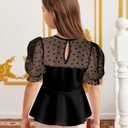 WDIRARA Girl's Sheer Mesh Short Puff Sleeve Blouse Heart Print Cute Ruffle Peplum Top (Black) Size: 7 Years 