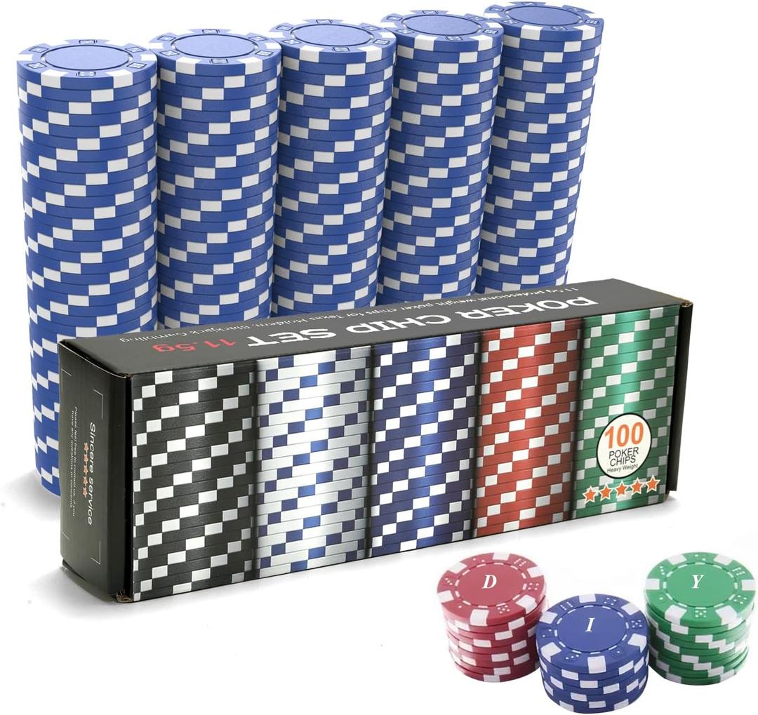 100PCS Blue Poker Chips, Casino Poker Chip Set, 11.5 Gram Plastic Poker Chips Clay Blank Game Chips for Poker Card Games Texas Holdem Blackjack Gambling (with Gift Box)