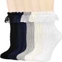 BIVOLU Womens Crew Socks Lace Ruffle Frilly Cotton Cute Princess Ankle Dress Socks for Girl 5 Pack (M)