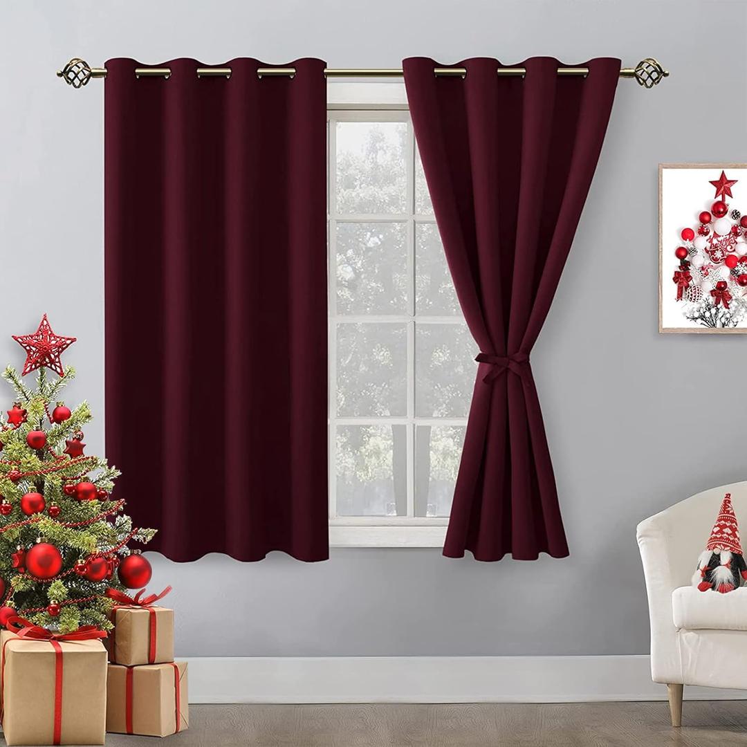 Hiasan Blackout Curtains for Bedroom - Thermal Insulated & Light Blocking Window Curtains for Living Room/Kids Room Christmas Decor, 2 Drape Panels Sewn with Tiebacks, Burgundy, 52 x 45 Inch