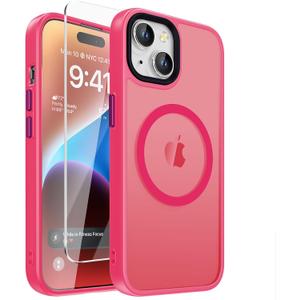 2 x DEERLAMN Magnetic Matte Case for iPhone 15 with Screen Protector, [Compatible with MagSafe][Military Grade Drop Protection] Slim Translucent Shockproof Protective Phone Cover, Hot Pink