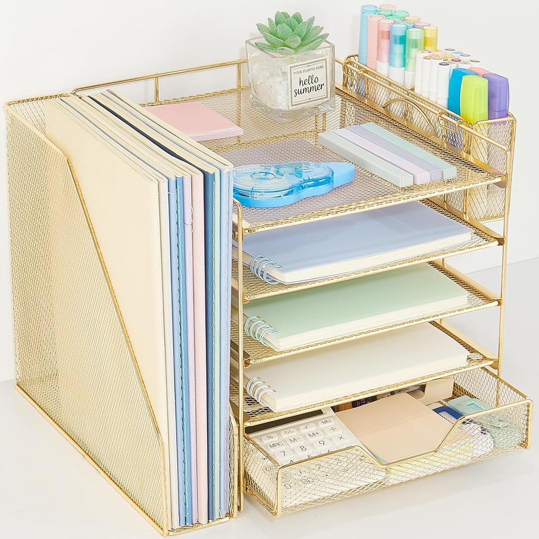 Desk Organizer, 5-Tier Paper Letter Tray Organizer with File Holder, Drawer and Pen Holder, Desktop Organizer for Office Supplies, Gold