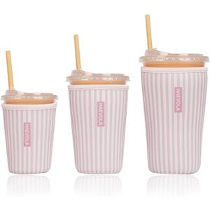 Reusable Insulated Neoprene Iced Coffee Cup Sleeve, Durable Drink Sleeve for Cold Beverages, Beverage Holder for Iced Coffee, Pink Stripes