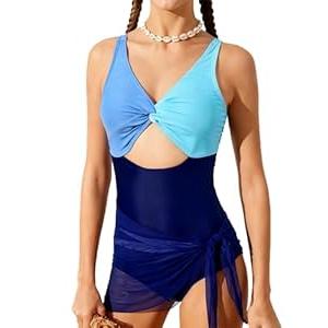 Funnycokid Girls One Piece Swimsuit Bathing Suit Twist-Knot Blue Color Block Adjustable Straps Pad Teen Swimwear with Cover Up Skirt Size 14-16