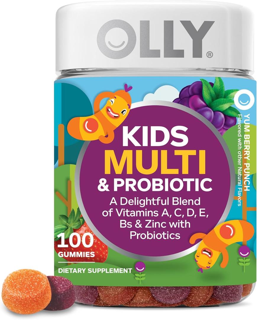 OLLY Kids Multivitamin & Probiotic Gummy, Digestive Support, Vitamins A, D, C, E, B, Zinc, Chewable Supplement, Berry Flavor, 50 day supply - 100 Count (BBD: 23, April 2026