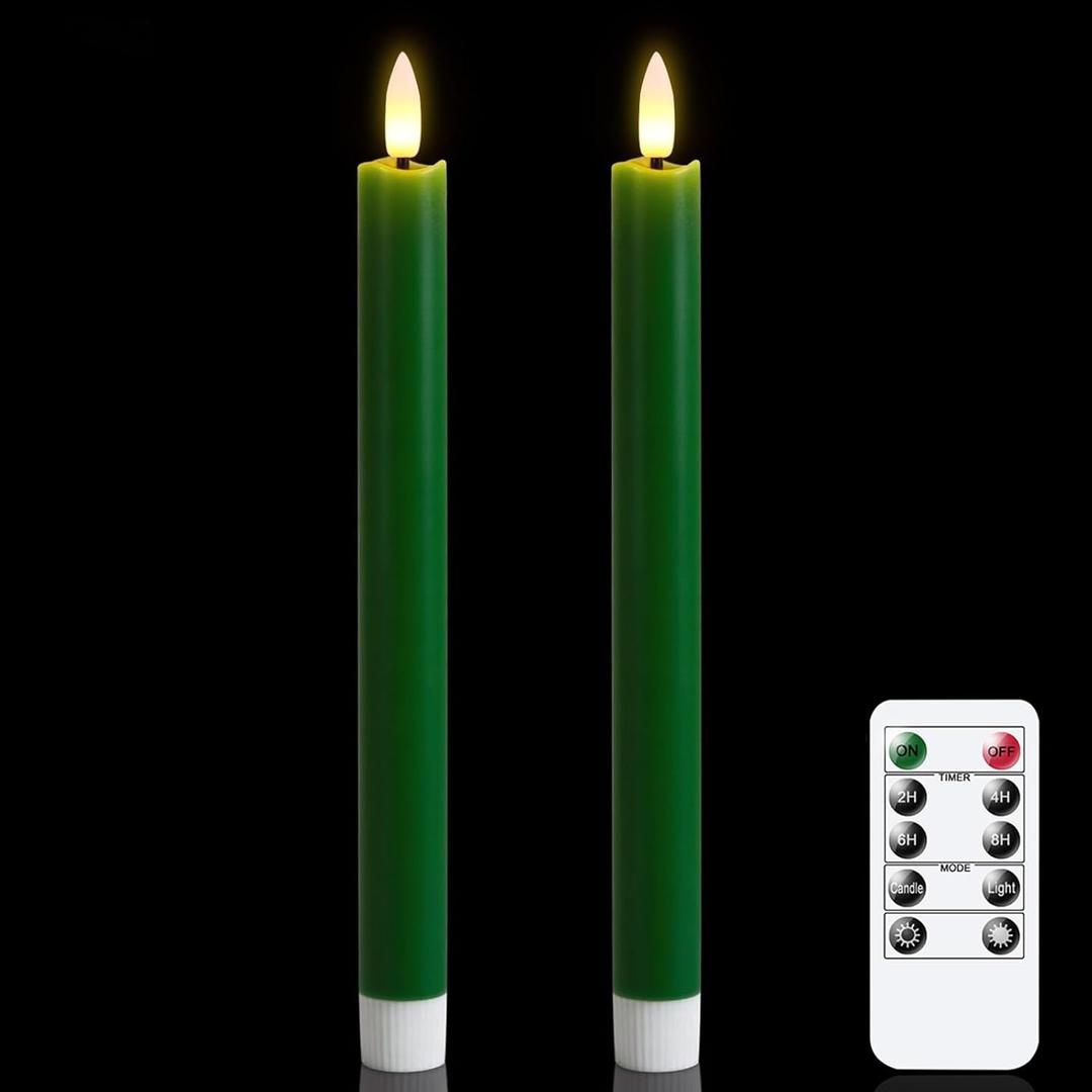 GenSwin Flameless Taper Candles Flickering with 10-Key Remote, Battery Operated Led 3D Wick Light Window Candles Real Wax, Christmas Home Wedding Decor(Green, 0.78 X 9.64 Inch)