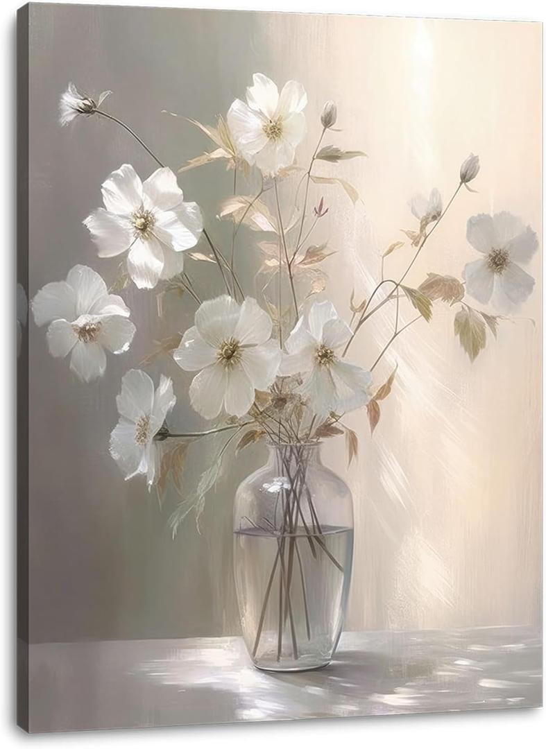Canvas Wall Art Floral Bathroom Bedroom Framed Artwork Modern Wall Decoration 18x24 Inch Print for Kitchen Home Decor (White Flower Wrapped Canvas)