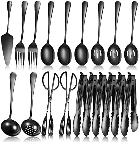 Yetene 19 Pieces Serving Flatware Set Including Stainless Steel Spatulas, Forks, Spoons, Perforated, Soup, Skimmers Spoon, Buffet Tongs, Heavy Duty Serving Tongs for Home(Black)