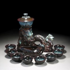 Chinese Gongfu Tea Set - Ceramic Teapot with Infuser, 8 Cups, Semi Automatic Dragon Design for Loose Leaf Tea