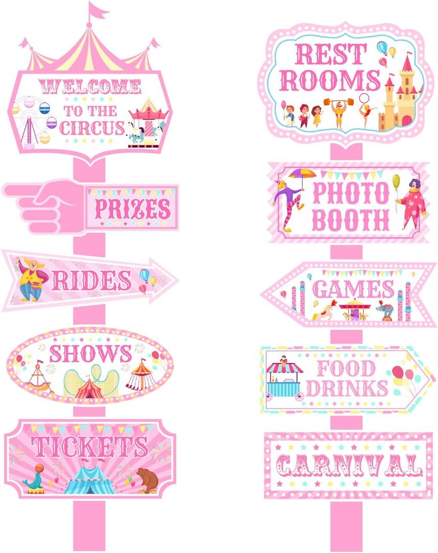 20Pcs Circus Carnival Party Directional Signs Pink, Circus Carnival Signs, Circus Tent Porch Sign, Carnival Yard Sign for Kids Indoor Outside Carnival Party Supplies