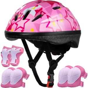 Lamsion Kids Helmet Adjustable for Kids Ages 3-8 Years Old Boys Girls, Toddler Helmet with Protective Sports Gear Set Knee Elbow Pads Wrist Guards for Cycling Skateboard Scooter (Pink)