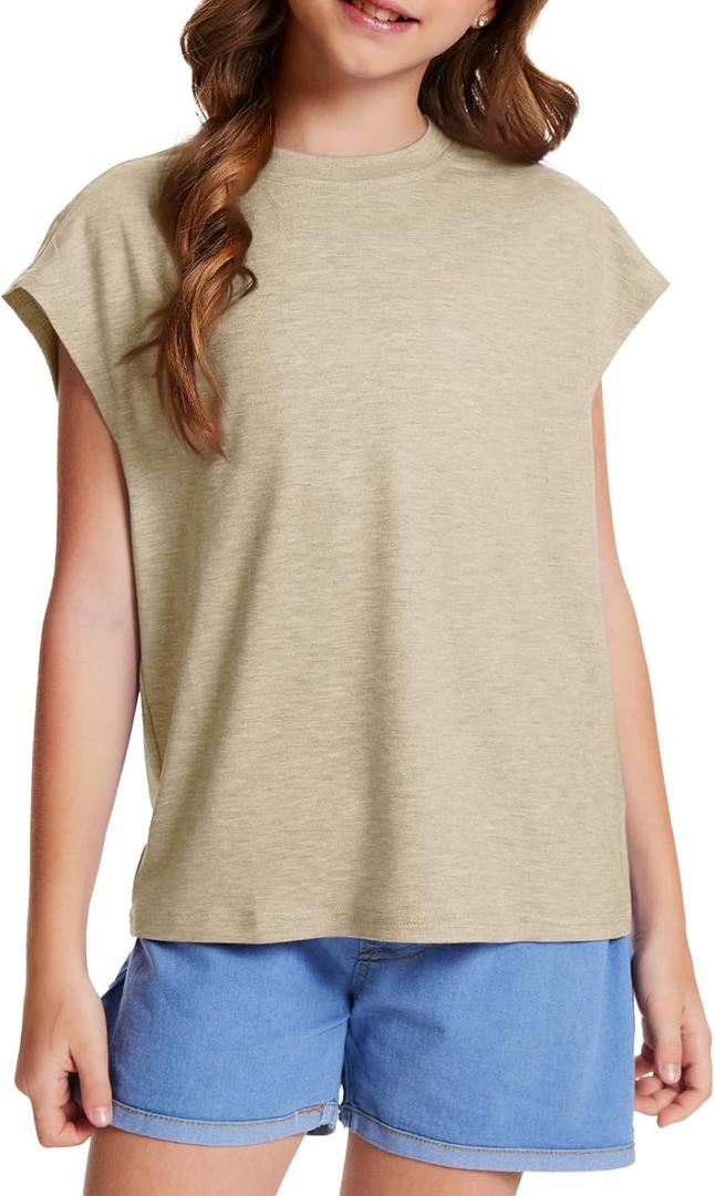 Girls Oversized T Shirts Kids Summer Tops Crewneck Cute Cap Sleeve Tee Trendy Athletic s Teen Shirts Clothes 2025 (Beige)