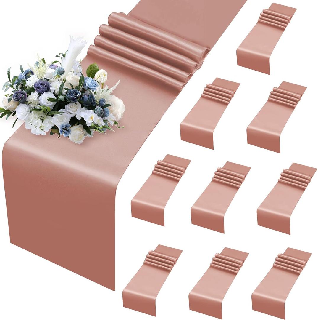 MILVOWOC 10 Pack Rose Gold Satin Table Runners, 12 x 108 Inch Bright Satin Silk Table Runner Smooth Fabric Decorative Table Runner for Wedding Banquet Party Birthday Graduation
