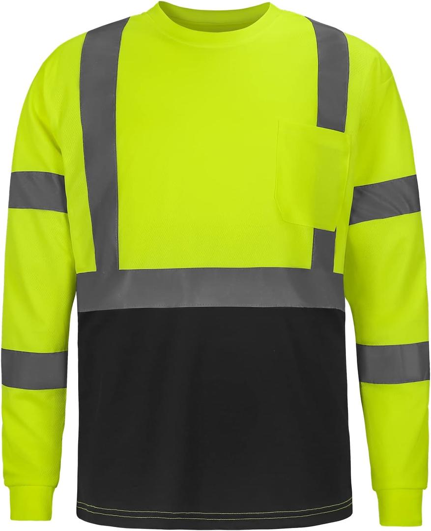 High Visibility Class 3 T ShirtsHi Vis Safety Shirts with Reflective Strips and Pocket, Long Sleeve Quick Dry Mesh Construction Work Shirt for Men/Women Black Bottom Lime, Large 