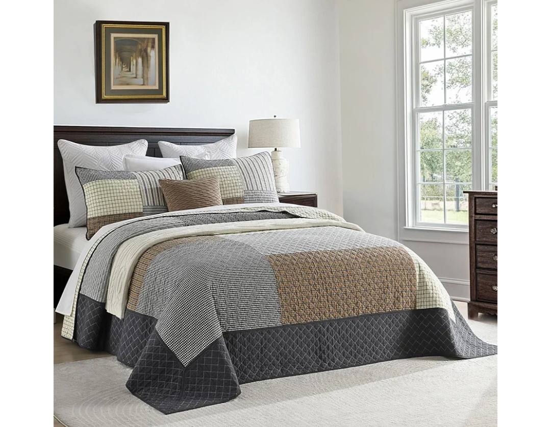 Bedduvit 100% Cotton 120"x128" Extra Large Quilt Set, Lightweight Oversized California King Bedspread, 3 Pieces Comforter Bedding Set Farmhouse Patchwork Plaid Coverlet Set, Brown/Beige/Charcoal Gray