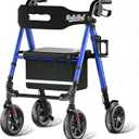 Walkers for Seniors Taller 5.3~7ft, Lightweight Foldable Rollator Walker, Built in Cable, Reinforced Aluminum Frame, 8" Big Rubber Wheels for All Terrain, 350lb Weight Capacity, Blue