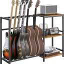 Guitar Stand, Guitar Holder for 6 String Instruments, Suitable for Acoustic Guitar, Bass, Guitar Rack with Side Shelves for Record Player, with Non-Slip Rubber Pads, Rustic Brown GSHR9701V1 (5-6 Guitars, Rustic Brown and Black)