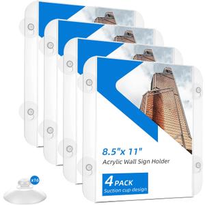 4 Pack Acrylic Window Sign Holder 11x8.5 Inch with 16 Suction Cups, Glass Door Wall Mount Advertising Signage Sign Frame for Office, Store, Restaurant, Home