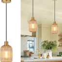 2 Pack Amber Cylinder Pendant Lights Kitchen Island with Ribbed Lampshade, Brushed Gold Hanging Light Fixture, Adjustable Pendant Lighting for Kitchen Island Sink Dining Room (Bulbs Not Included)