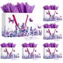 Kolldenn 6 Sets Butterfly Gift Bags 13" Large Purple Gift Bag with Greeting Card and Tissue Paper for Women Wedding Bridal Baby Shower Birthday Decorations Party Supplies