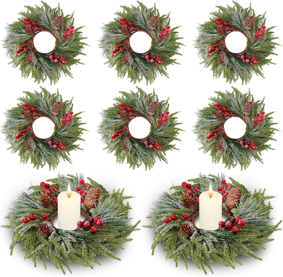 8 Pcs Christmas Candle Rings Wreath Decorations Artificial Red Color Berry Garland Wreaths Pine Garland Norfolk Pine Holder Pillars for Kitchen Cabinet Xmas Home Table Decor (Cute)