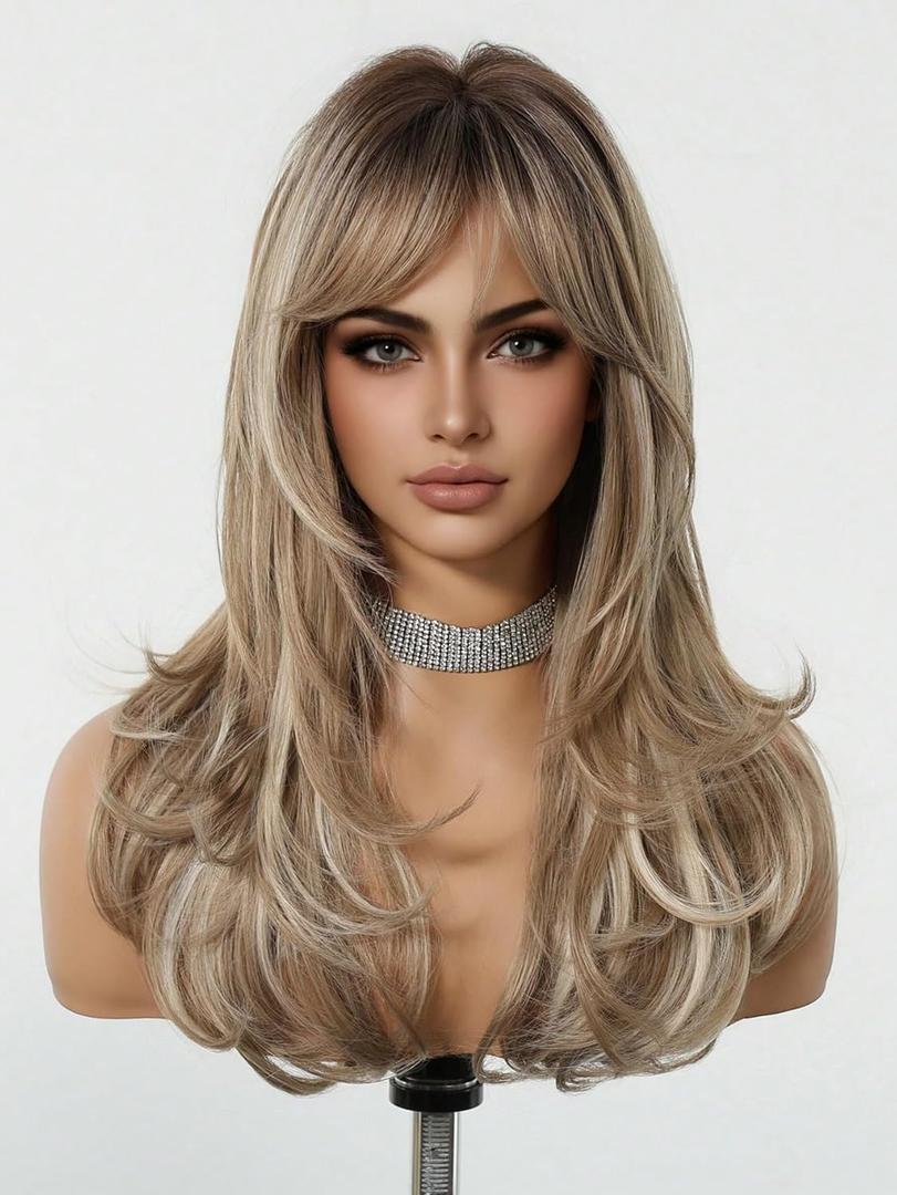 Long Blonde Wig with Bangs Wavy Curly Ombre Wig with Dark Root Synthetic Heat Resistant Wigs Blonde Mixed Brown