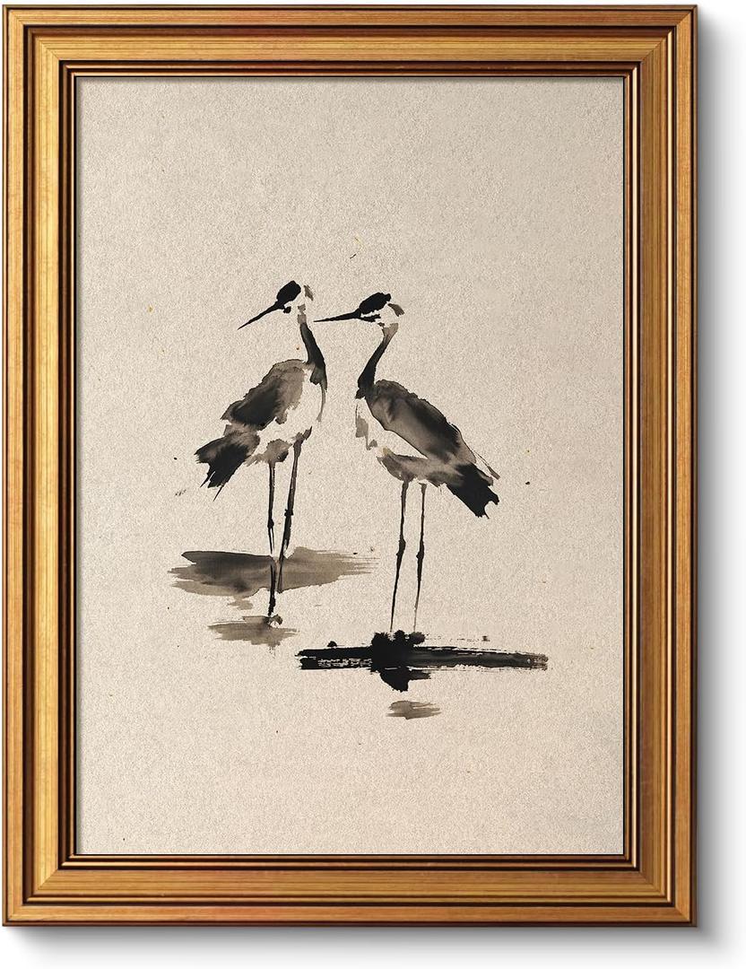 VIYYIEA Vintage Gold Framed Wall Art for Living Room, Two Cranes Canvas Prints Home Decor, Ink Painting Picture, Bedroom Wall Decor Gifts for Friends or Family -Two Cranes-(16L x 12W)
