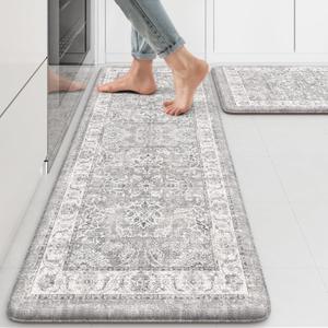 KIMODE Anti Fatigue Kitchen Mats for Floor,Boho Floral Kitchen Rugs 17"x47"+17"x29",Cushioned Mats for Kitchen Floor,Non Slip Kitchen Floor Mats,Sink,Laundry,Office,Grey