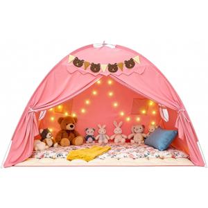 Full Size Bed Tent for Kids, Girls Bed Tent Canopy Dream Playhouse Breathable Sleeping Tent Privacy Space Pink Tent with Stars Light & Flags, Toddler Indoor Floor Play Tent, Birthday Children's Gift, 77x55x52"